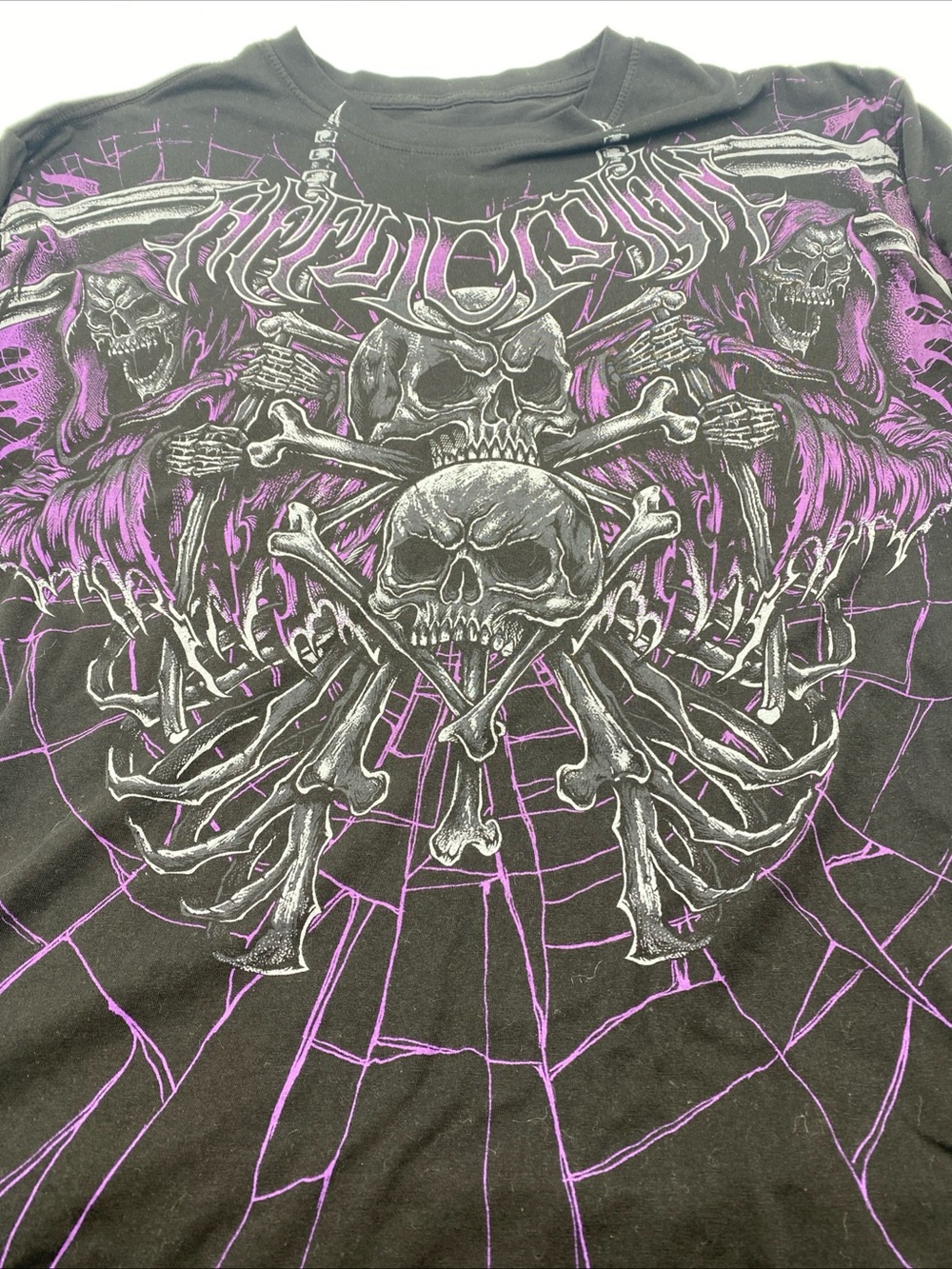 Affliction Graphic Shirt Mens XL Y2K Skull Bones Grim Reaper Purple Tattoo Webs